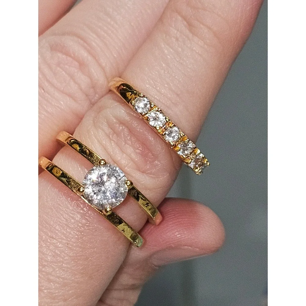 Gold Tone Cubic Zirconia Solitaire Engagement Ring & Wedding Band Set Size  7.5
